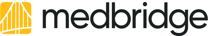 Medbridge logo with black text and a yellow icon featuring white diagonal lines.